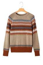 Hazel Blues® |  Khaki Aztec Print Colorblock Crew Neck Sweater
