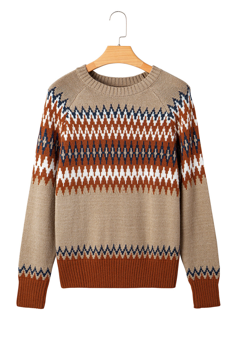 Hazel Blues® |  Khaki Aztec Print Colorblock Crew Neck Sweater