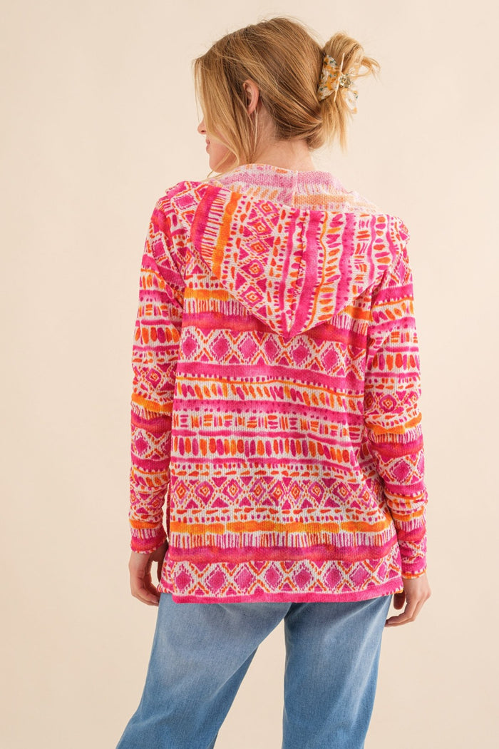 Hazel Blues® |  And The Why Printed Thermal Hooded Open Front Cardigan