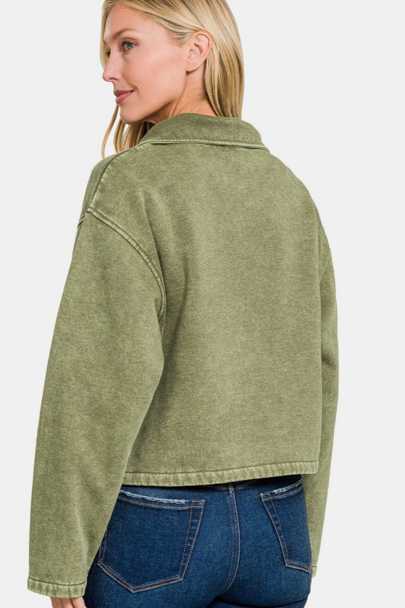 Hazel Blues® |  Zenana Acid Wash Fleece Half Snap Sweatshirt with Pocket