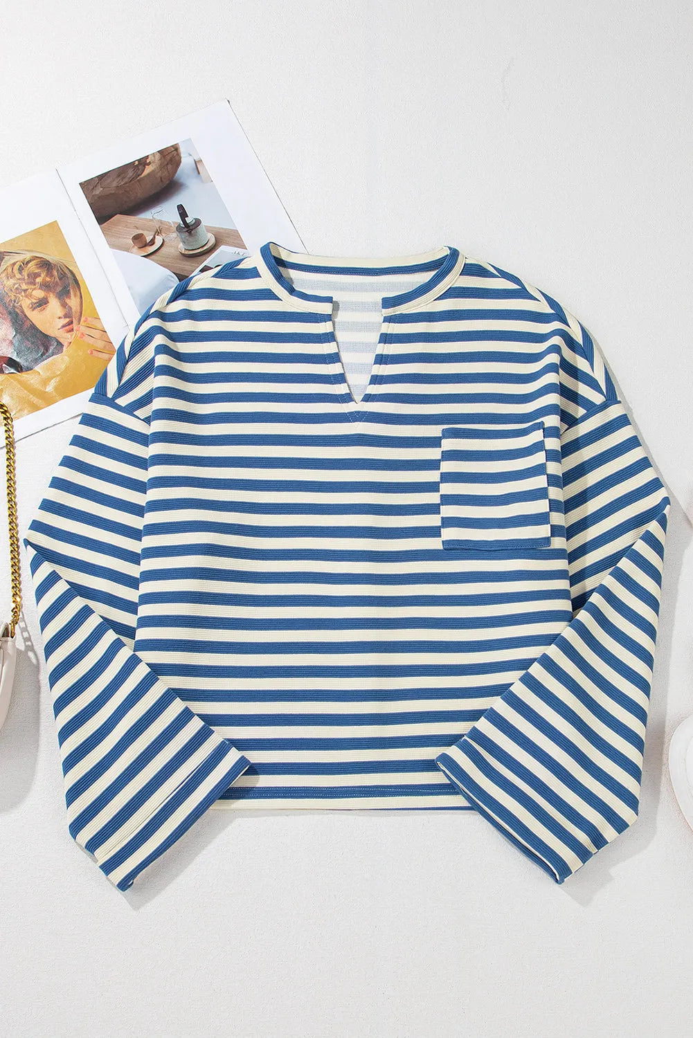 Hazel Blues® |  Striped Notched Long Sleeve Top