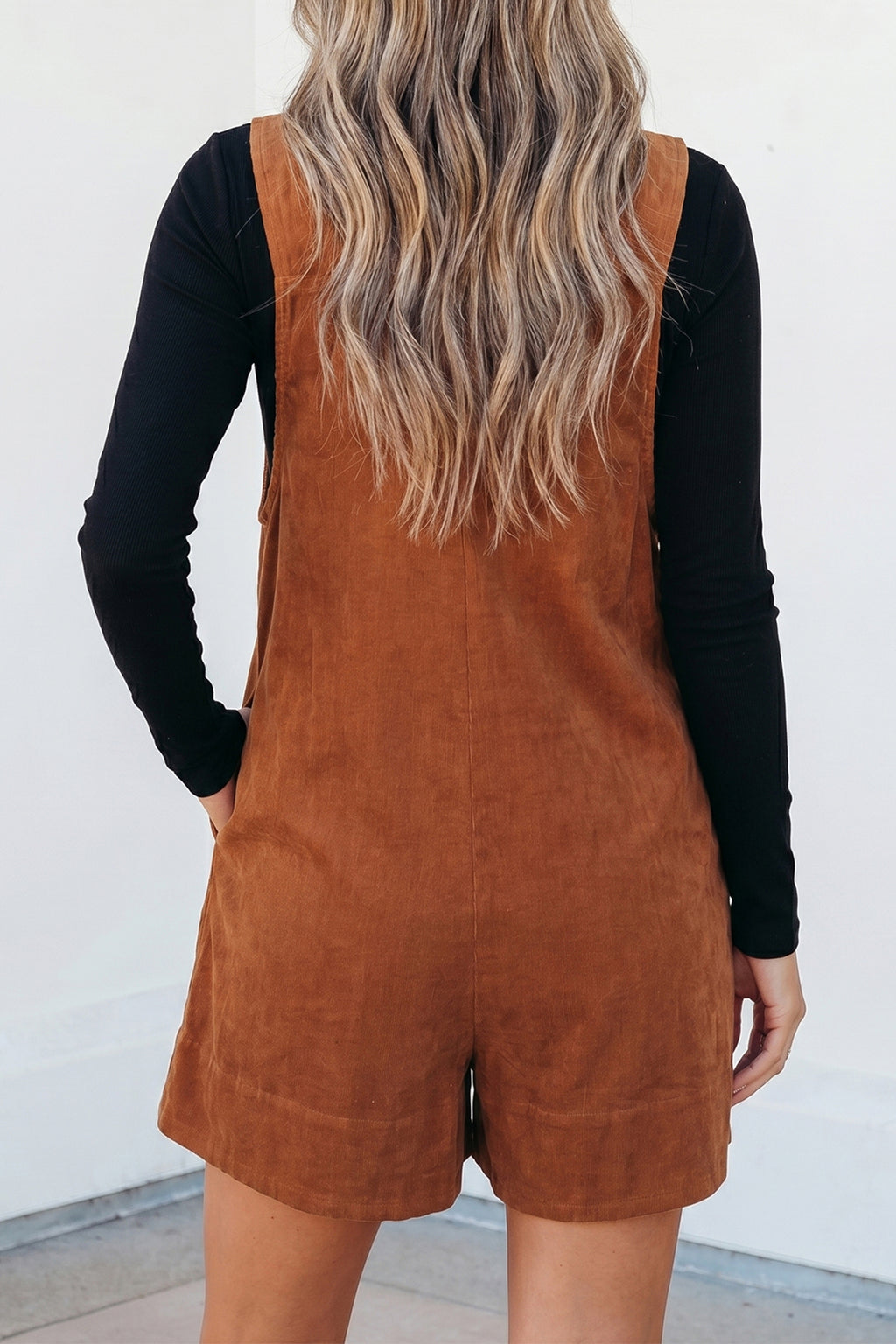 Tie V-Neck Sleeveless Corduroy Romper | Sleeveless V-Neck Romper