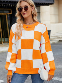 Hazel Blues® |  Checkered Round Neck Long Sleeve Sweater