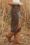 Hazel Blues® |  Brown Leopard Denim Frayed Split Denim Midi Skirt