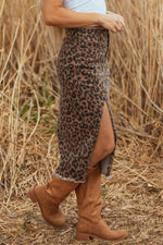 Hazel Blues® |  Brown Leopard Denim Frayed Split Denim Midi Skirt