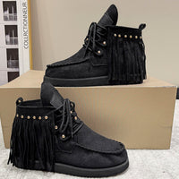 Hazel Blues® |  Fringe Studded Round Toe Canvas Boots