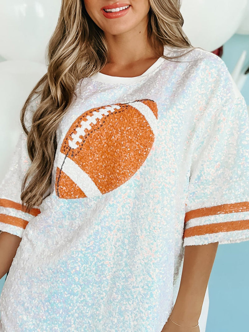 Hazel Blues® |  Sequin Football Round Neck Half Sleeve Oversize Top