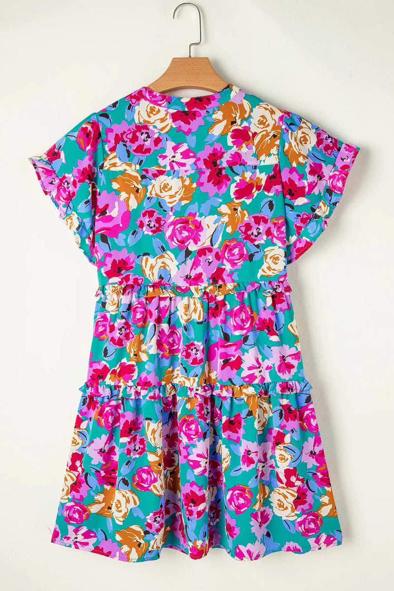 Hazel Blues® |  Ruffled Printed Notched Short Sleeve Mini Dress