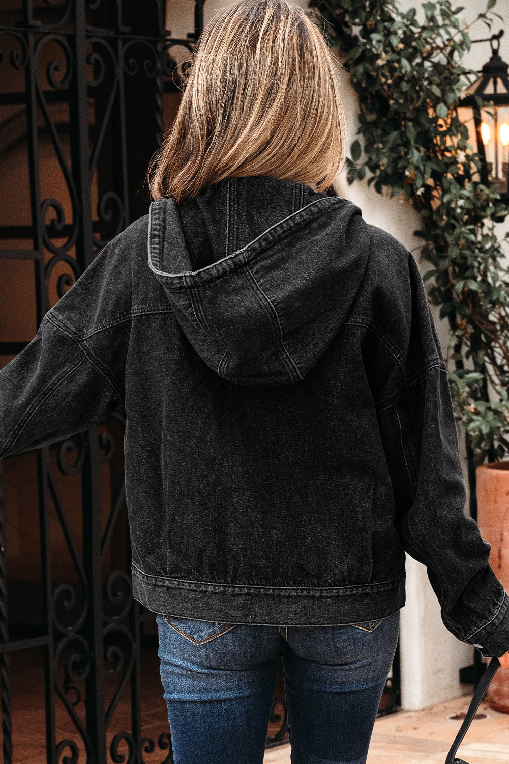 Black Big Chest Pocket Drop-Shoulder Hooded Denim Jacket