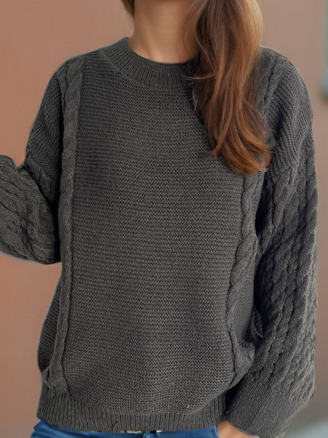 Hazel Blues® |  Cable-Knit Round Neck Long Sleeve Sweater