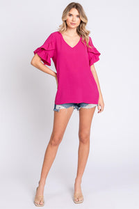 Hazel Blues® |  GeeGee V-Neck Ruffle Trim Short Sleeve Blouse