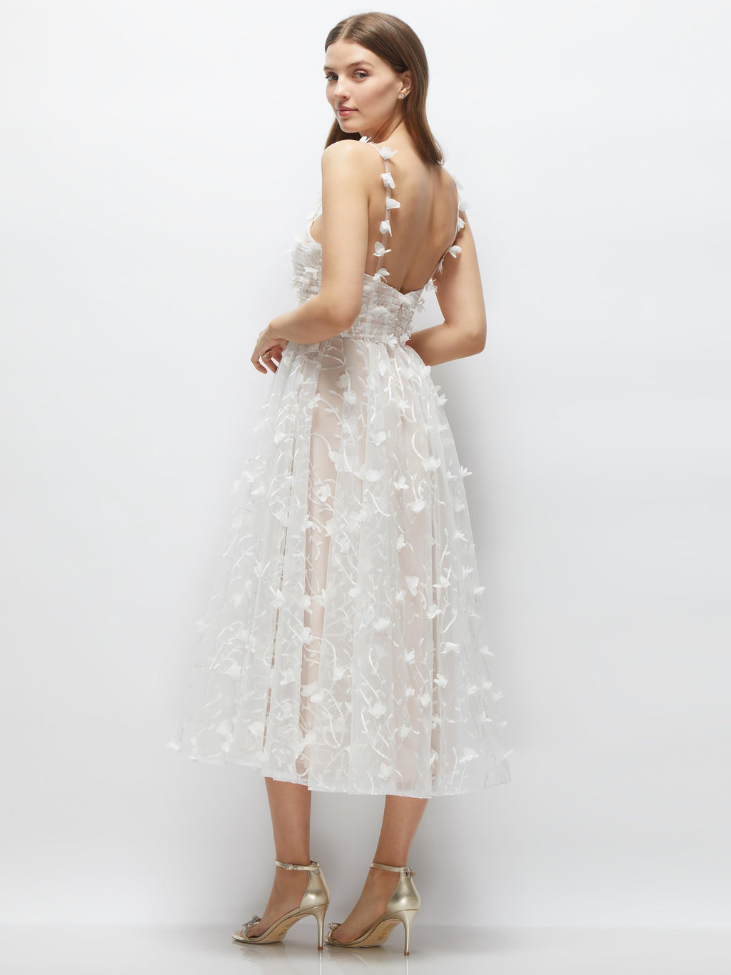 3D Floral Embroidered Little White Midi Dress with Nude Corset Underlay