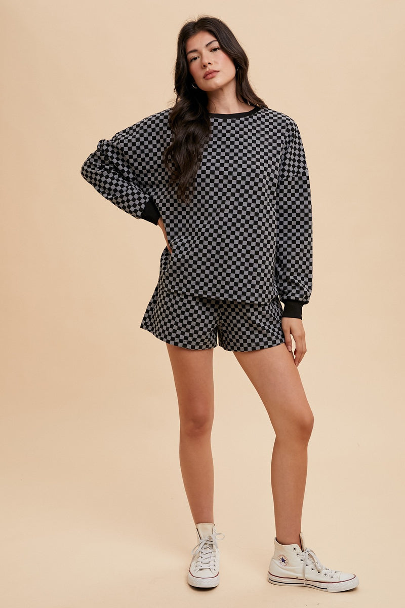 Hazel Blues® |  Annie Wear Checkered Round Neck Top and Drawstring Shorts Set