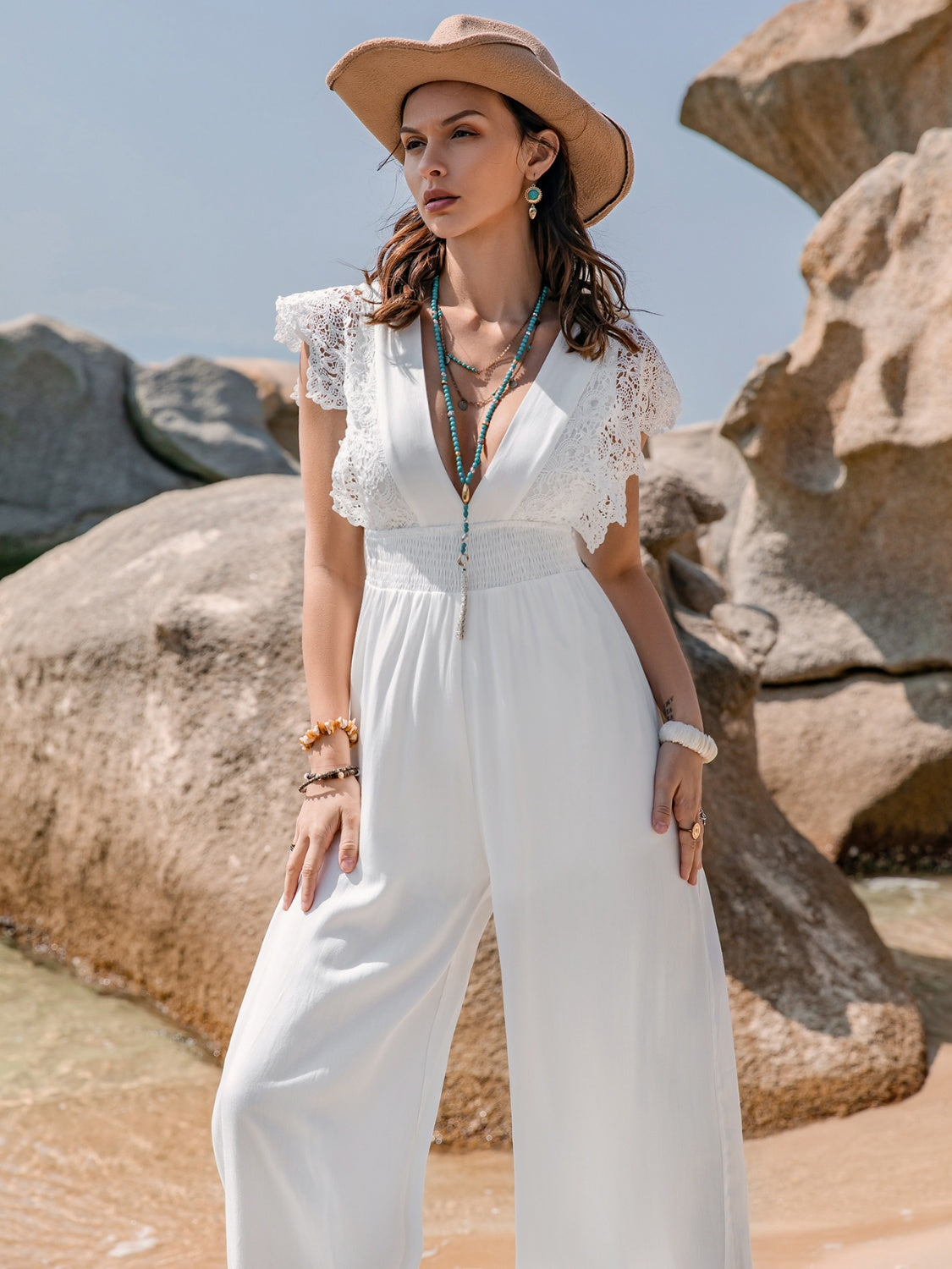 Hazel Blues® |  Lace Detail Plunge Cap Sleeve Jumpsuit