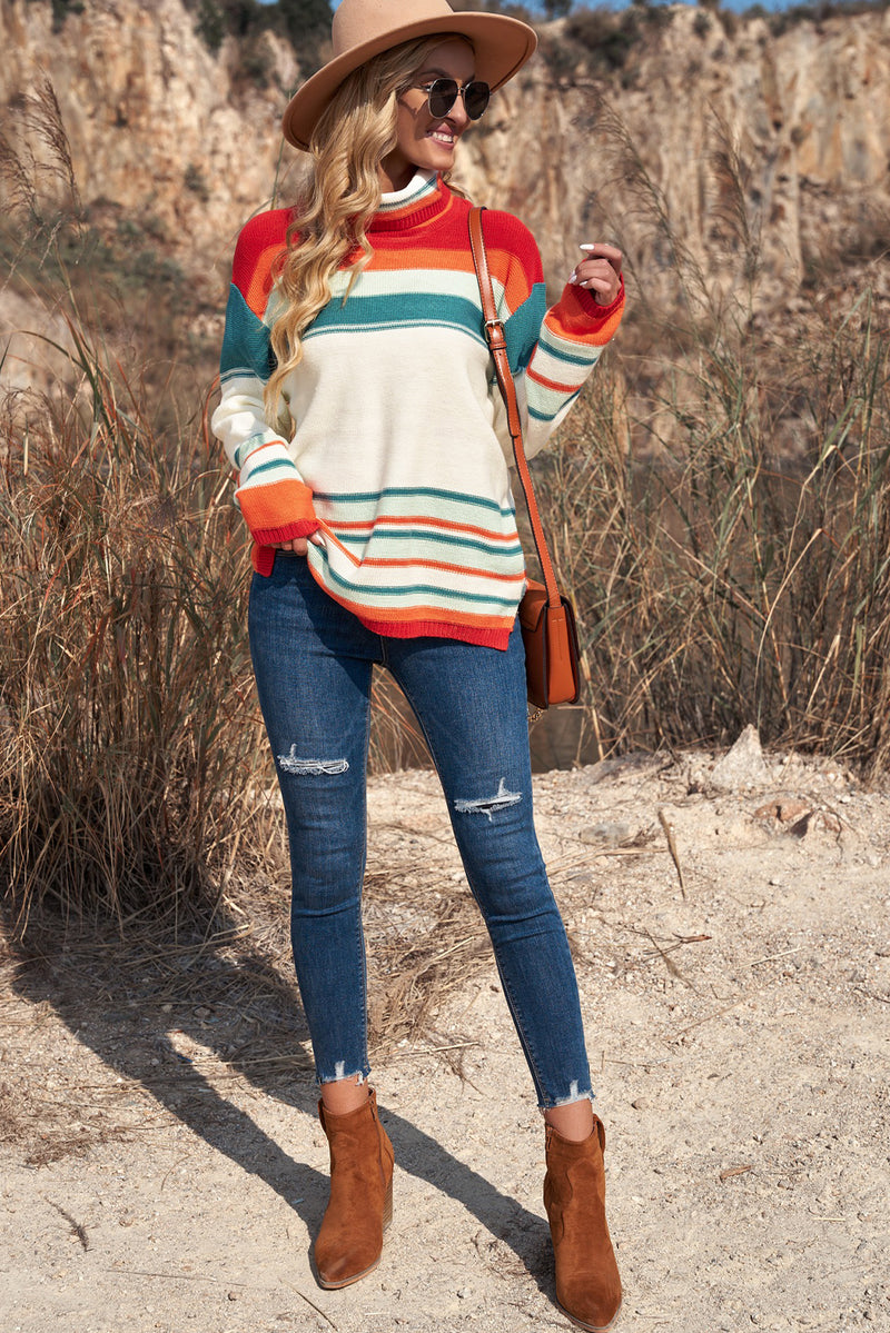 Hazel Blues® |  Contrast Striped Turtleneck Dropped Shoulder Sweater