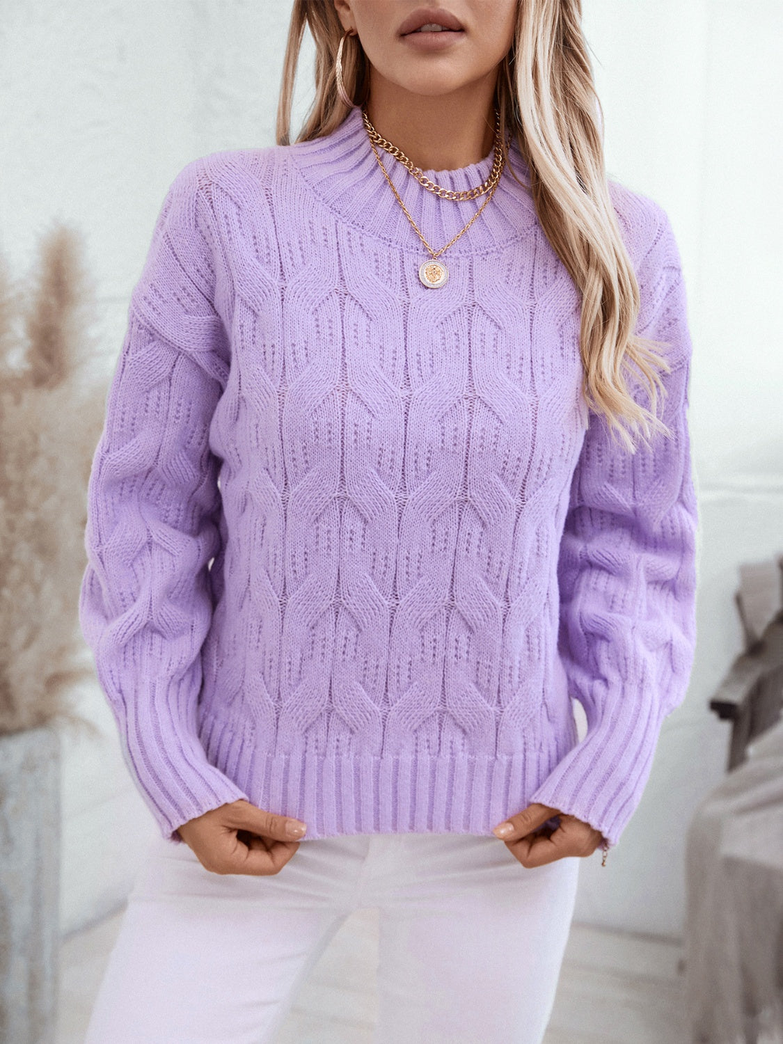 Hazel Blues® |  Cable Knit Mock Neck Long Sleeve Sweater