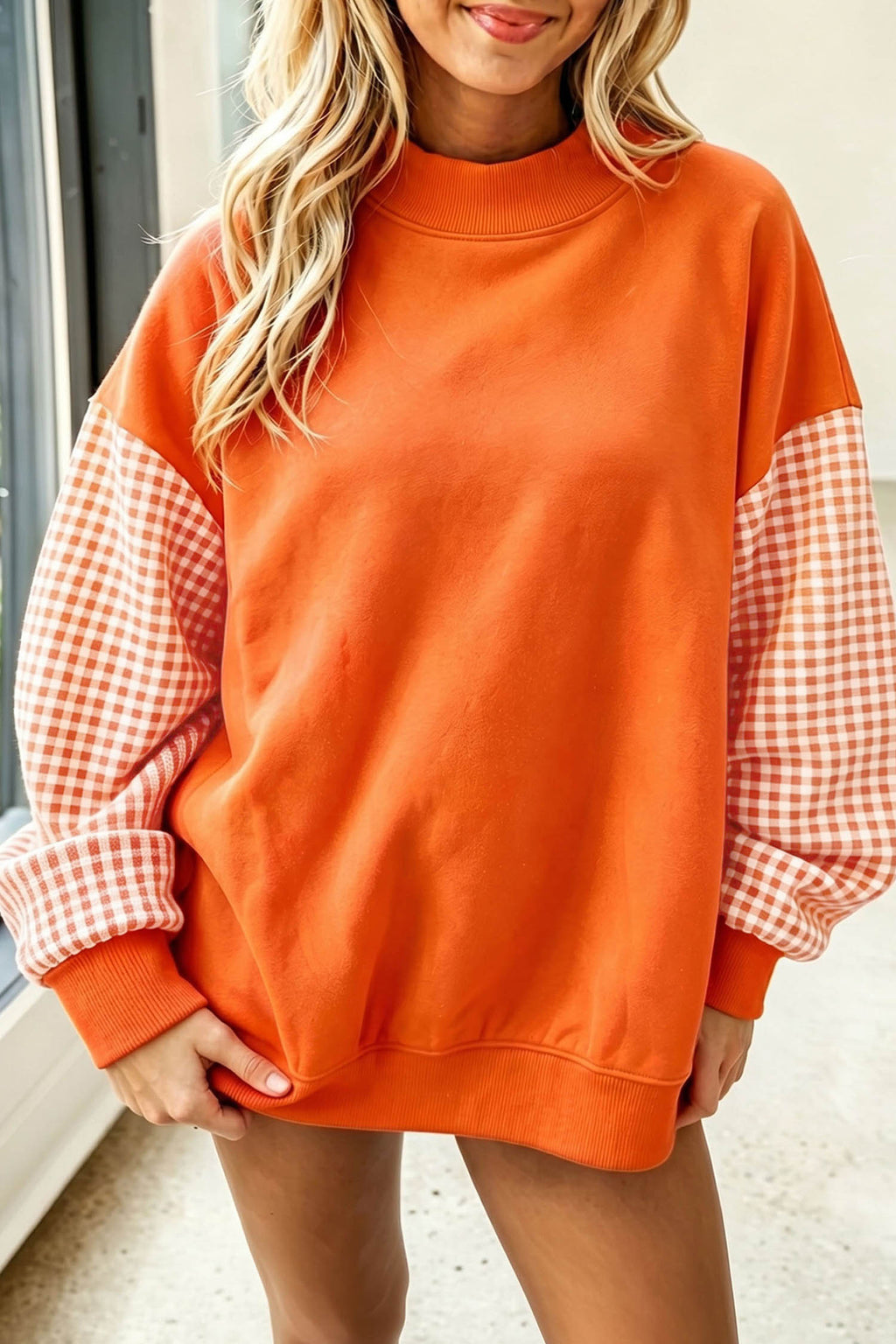 Russet Orange Plaid Sleeve Color-Block Relaxed Tunic Sweatshirt