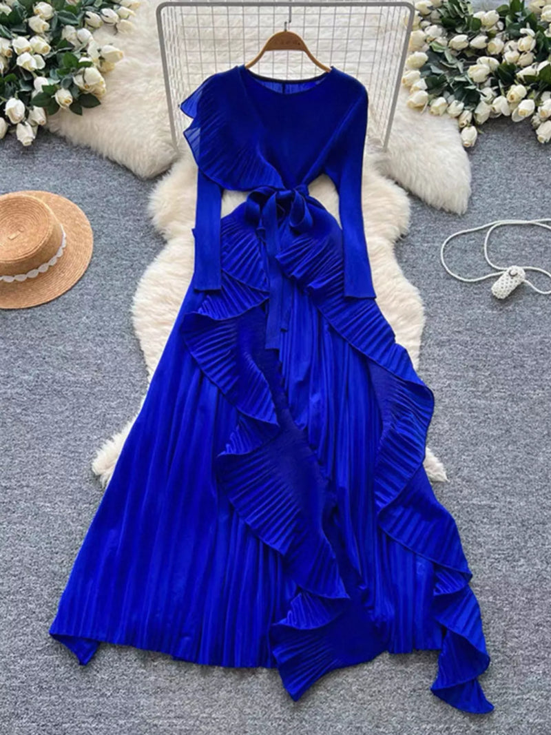 Ruffle Trim Pleated Midi Dress – Hazel Blues®