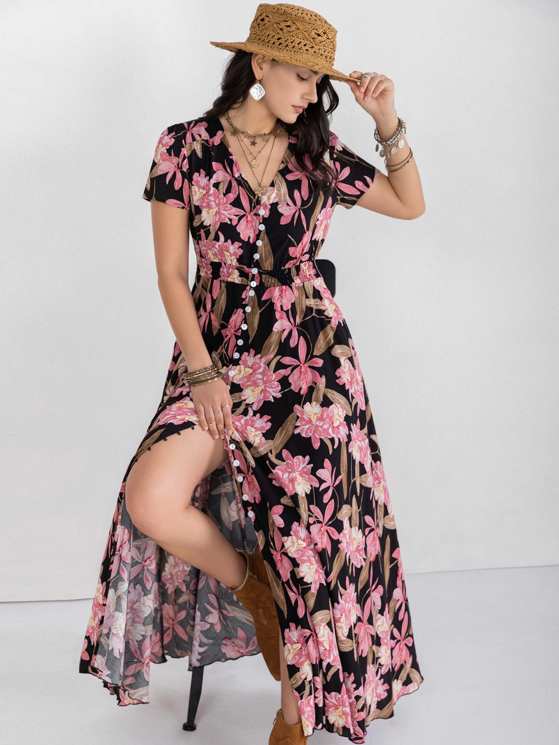 Hazel Blues® |  Floral V-Neck Slit Dress