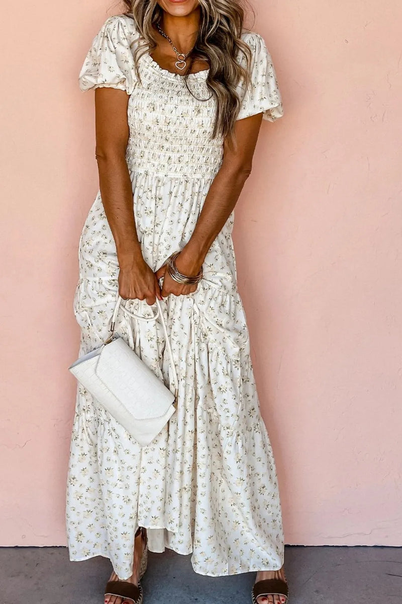 short puff sleeve maxi dress Half Button Short Puff Sleeve Belted Maxi Dress
