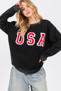 Hazel Blues® |  SAGE + FIG USA Letter Patch Round Neck Sweatshirt