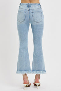 Hazel Blues® | RISEN Raw Hem Distressed Cropped Flare Jeans