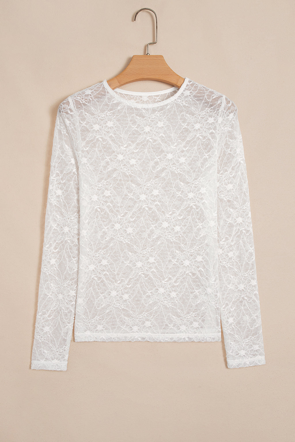 Beige Long-Sleeve Sheer Mesh Lace Top