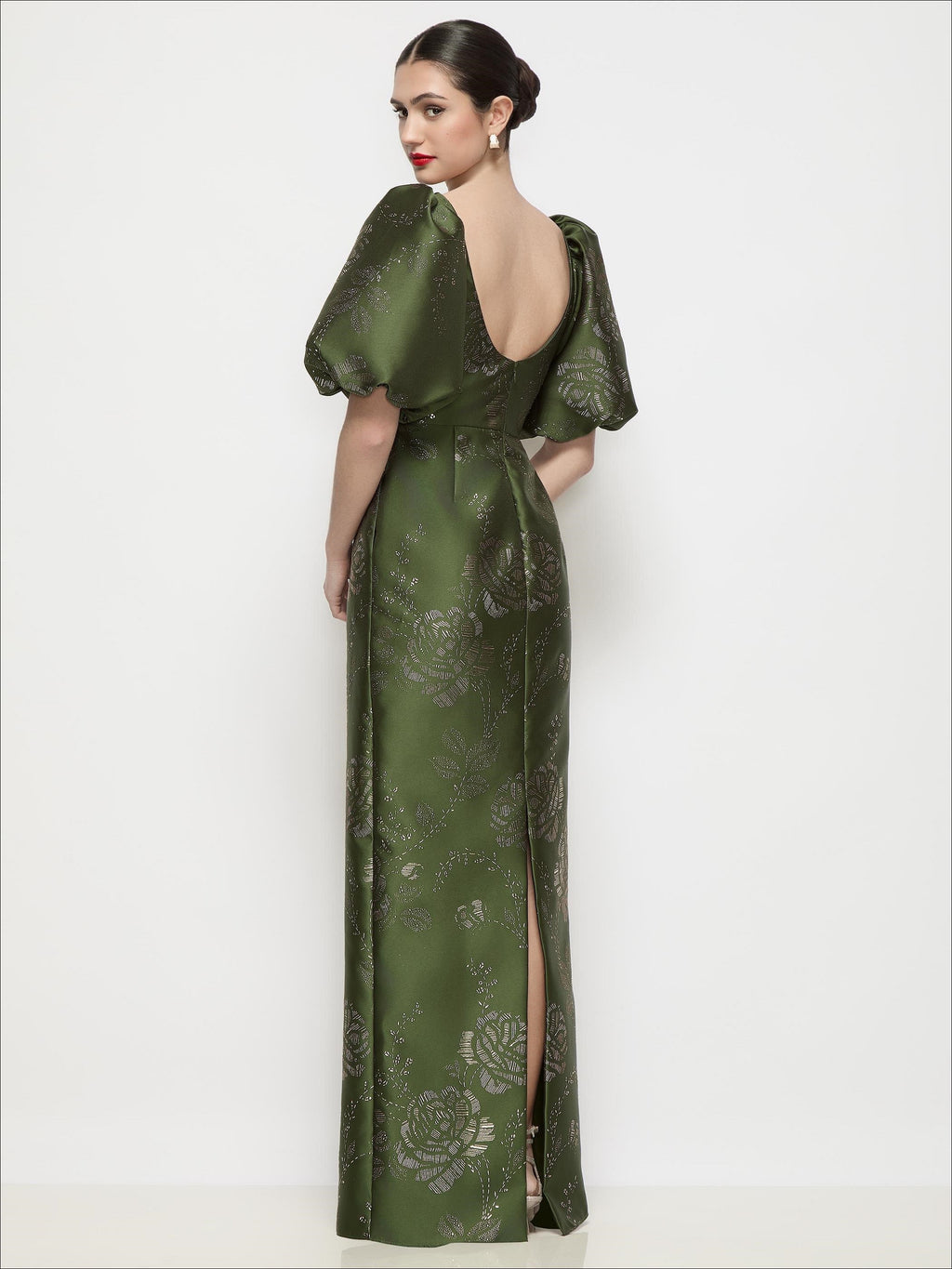 Bateau Neck Embossed Gilt Floral Satin Column Maxi Dress with Puff Sleeves