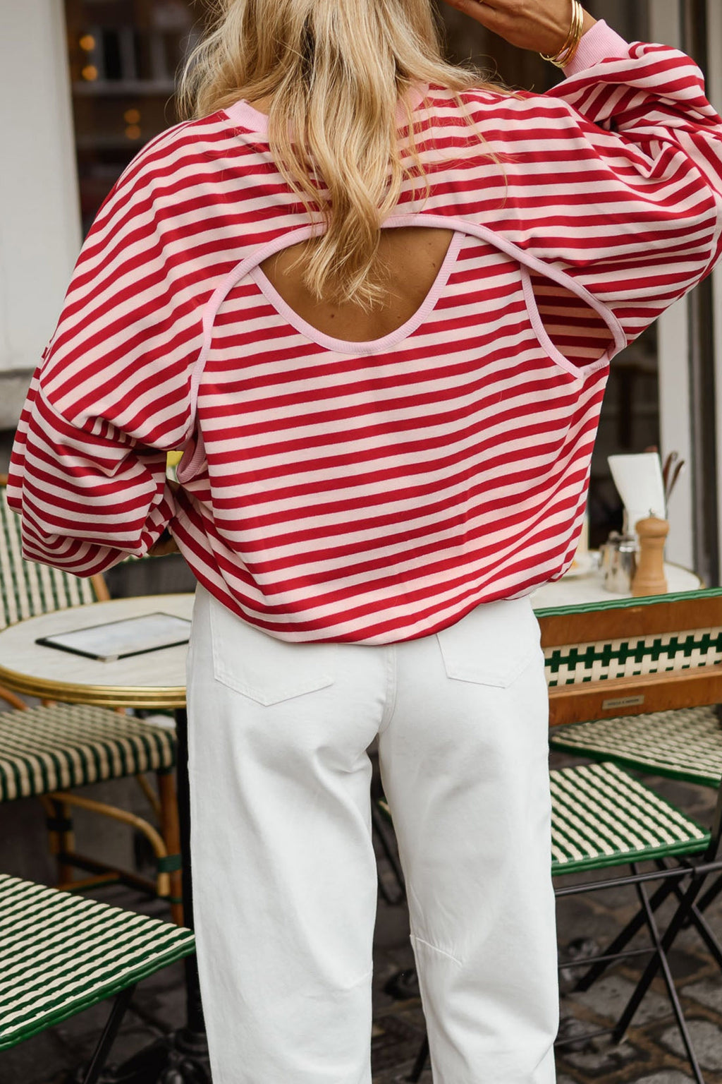 Red Stripe Cutout Open Back Long-Sleeve Relaxed Top