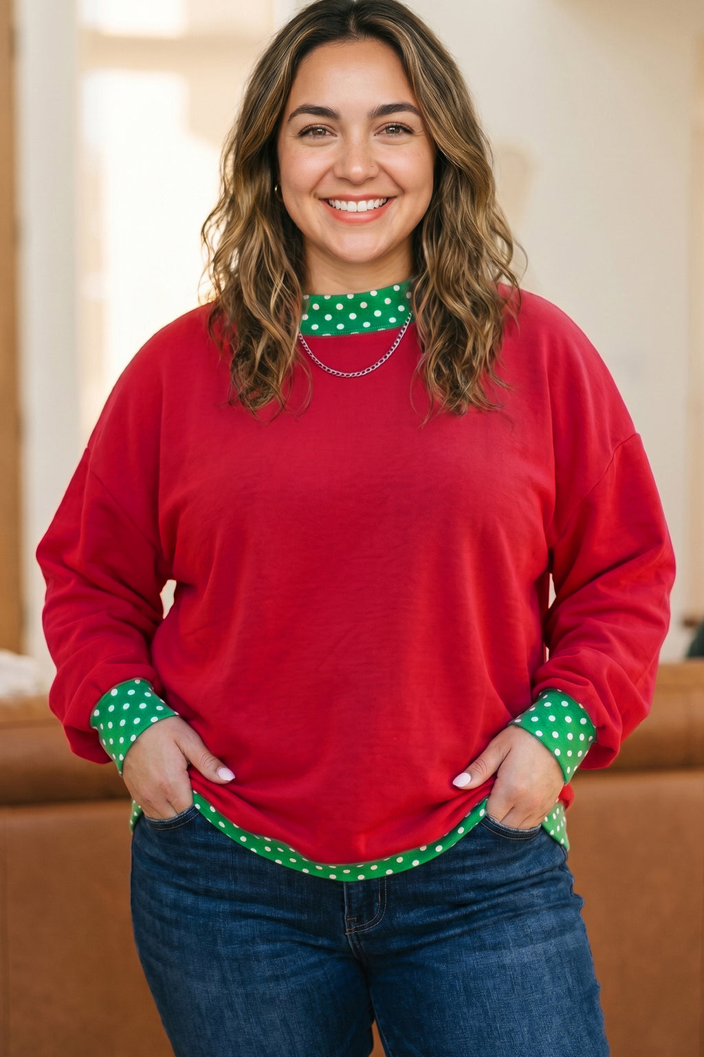 Racing Red Polka-Dot Patchwork Round-Neck Sweatshirt