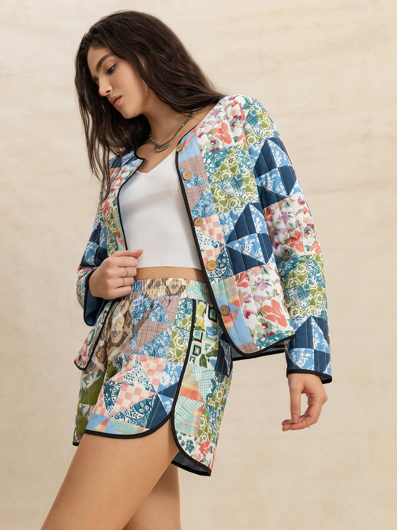 Hazel Blues® |  Printed Button Up Long Sleeve Outerwear and Shorts Set