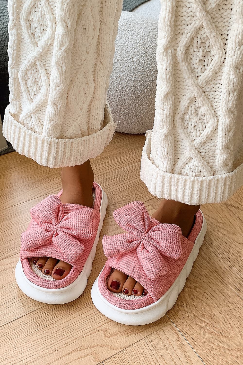 Hazel Blues® |  Bow Waffle-Knit Platform Slippers