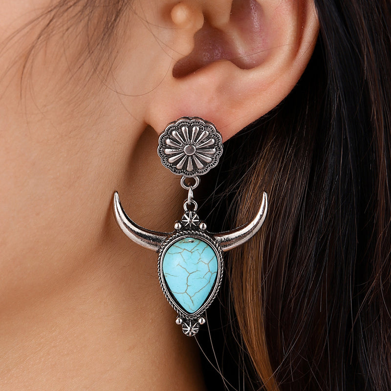 Hazel Blues® |  Artificial Turquoise Alloy Cow Head Earrings