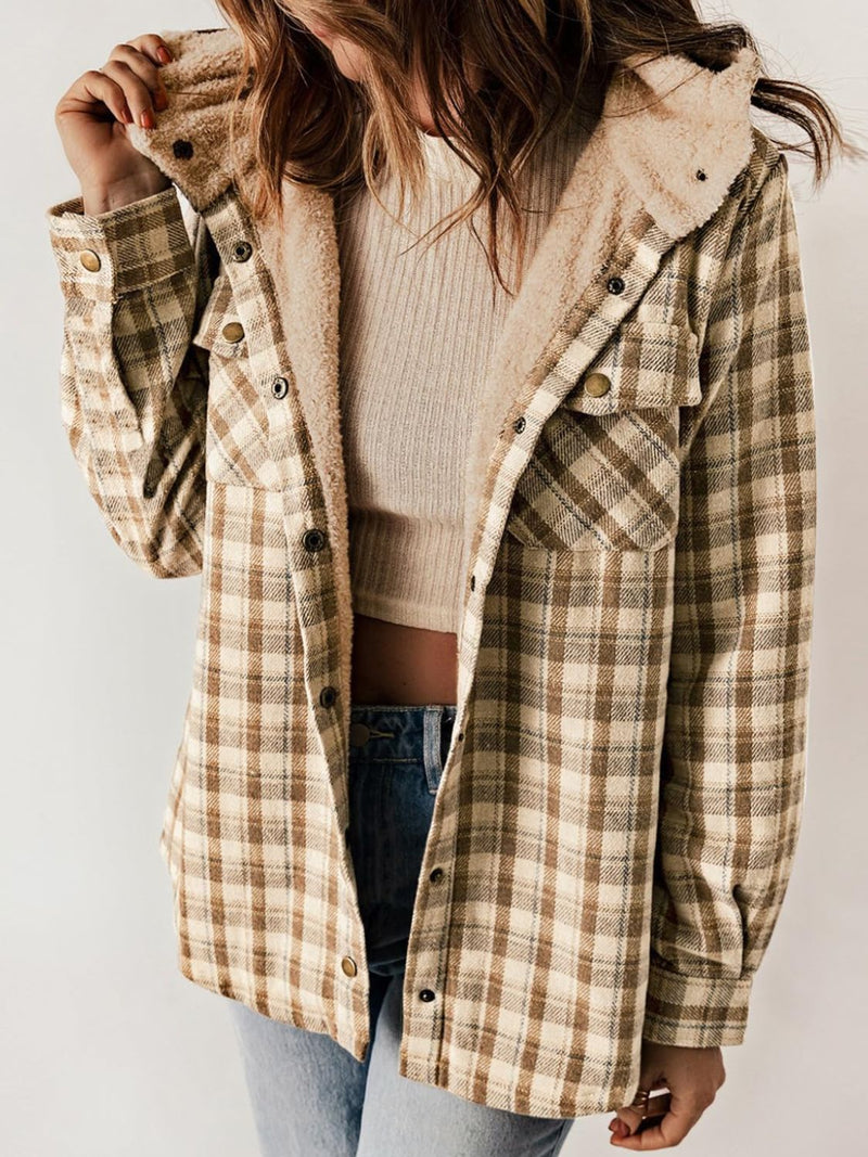 Hazel Blues® |  Plaid Snap Down Plush Hooded Jacket