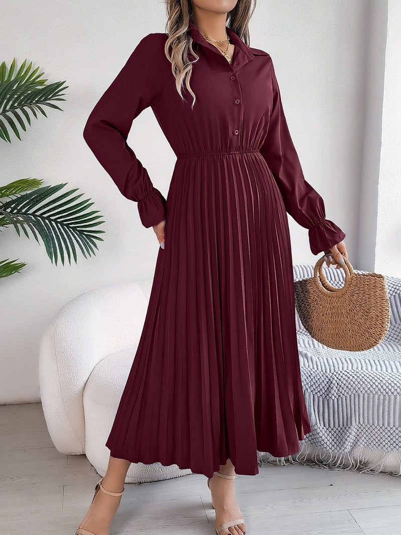 Hazel Blues® |  Pleated Half Button Long Sleeve Midi Dress