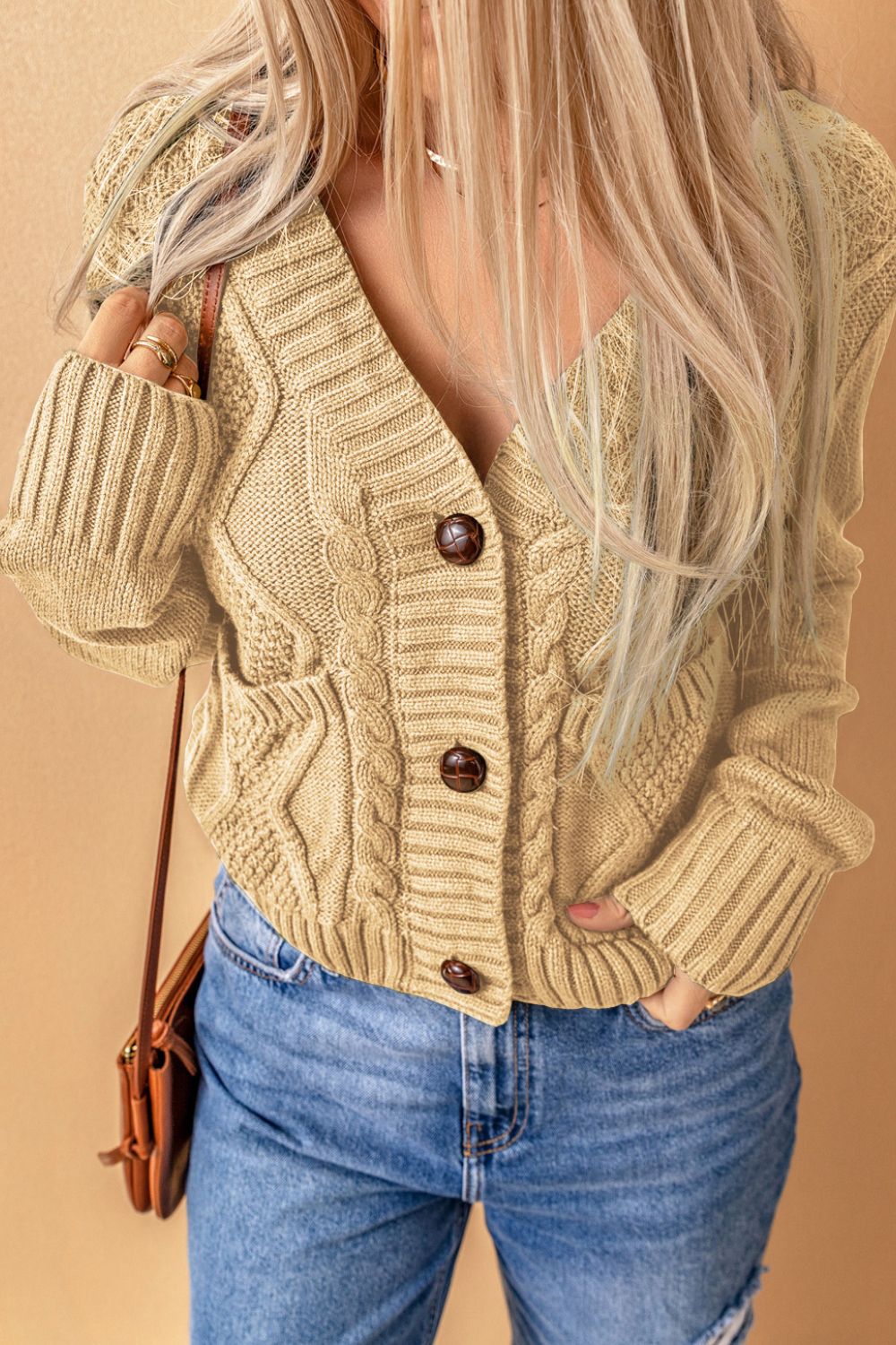 Hazel Blues® |  Cable-Knit Button Down V-Neck Cardigan