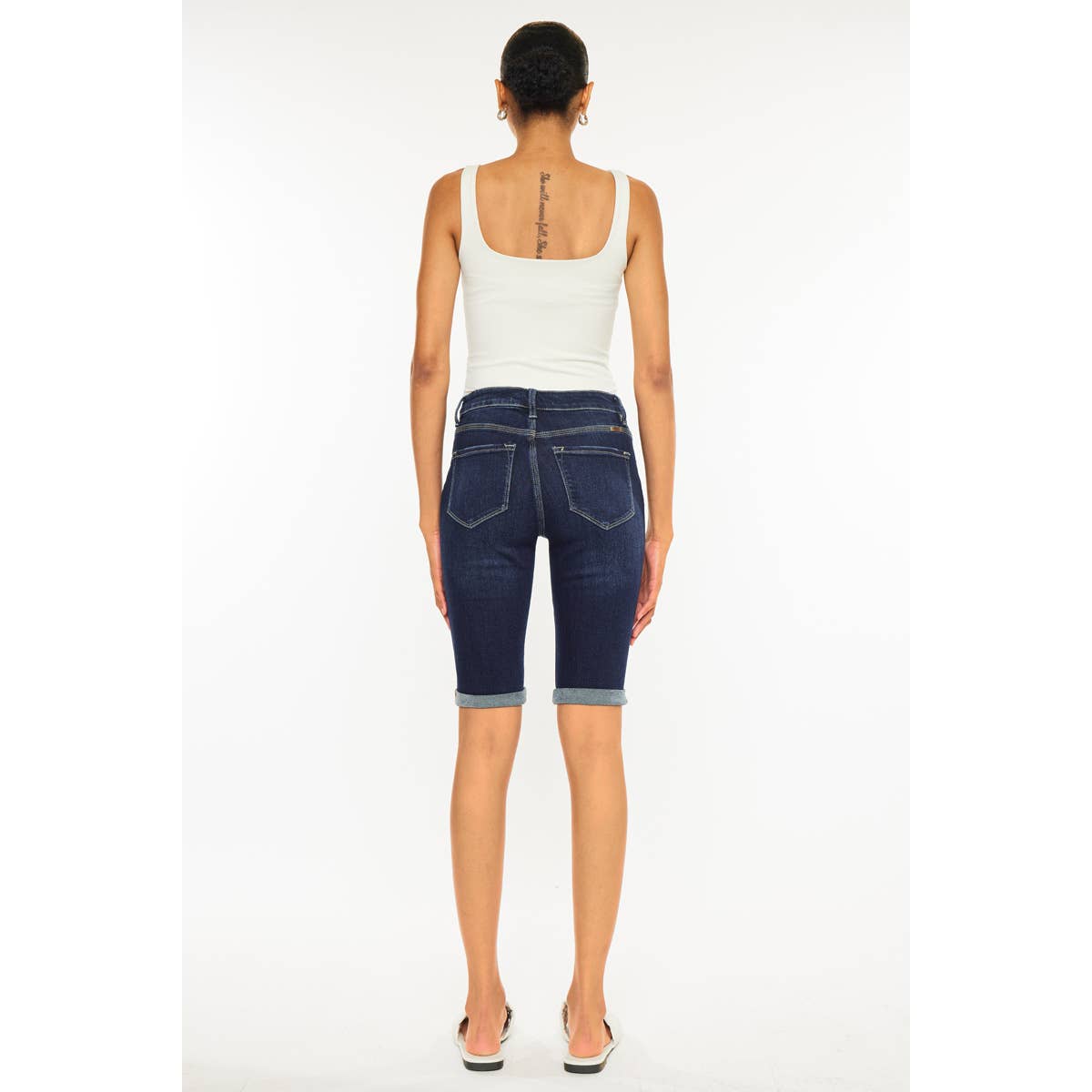 Hazel Blues® |  Kan Can High Rise Fly Button Bermuda Shorts: Dark Wash