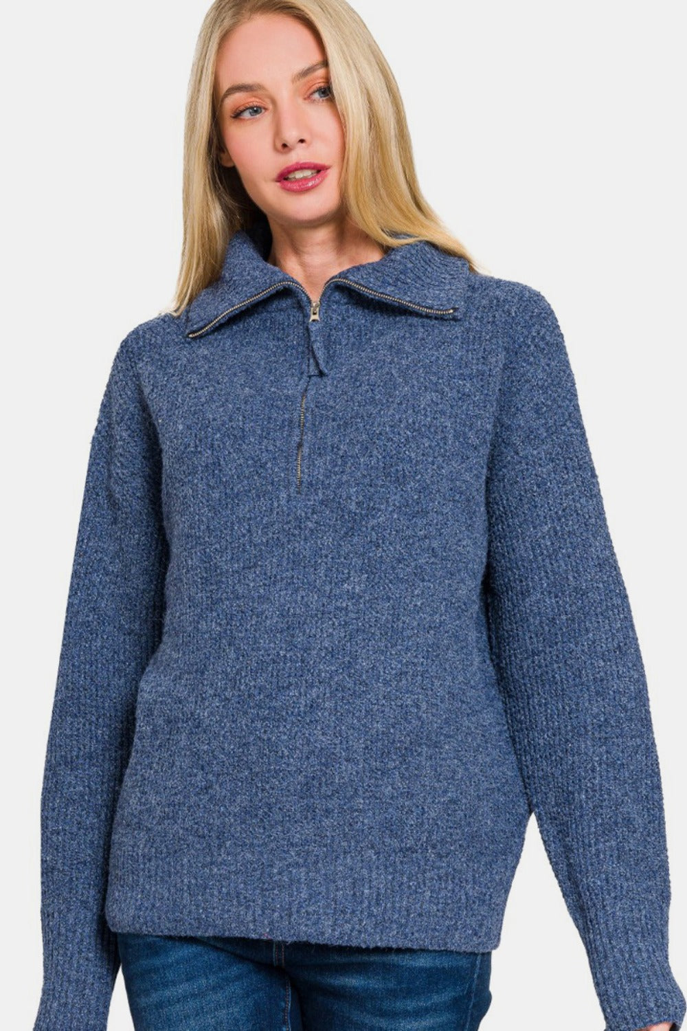 Hazel Blues® |  Zenana Half Zip Long Sleeve Sweater