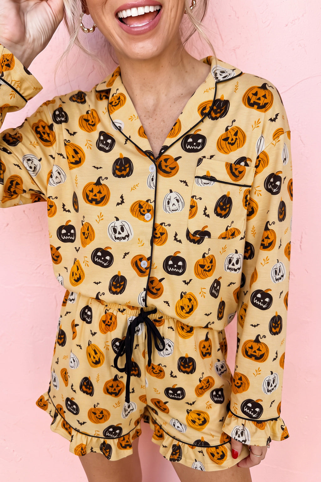 Orange Pumpkin-Print Ruffle Lounge Set