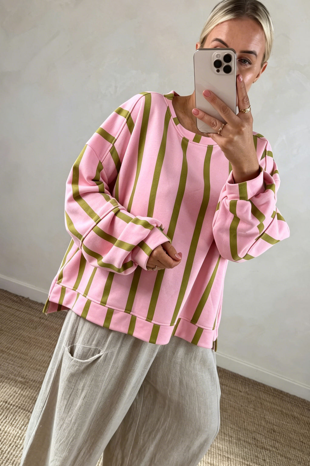 Fiona Hope Green Stripe Dropped Shoulder Round Neck Casual Sweatshirt