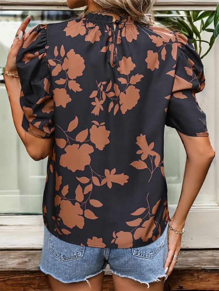 Hazel Blues® |  Frill Printed Round Neck Puff Sleeve Blouse