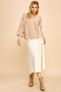 Davi & Dani Lace-Up Ribbon Bow Button Down Cardigan