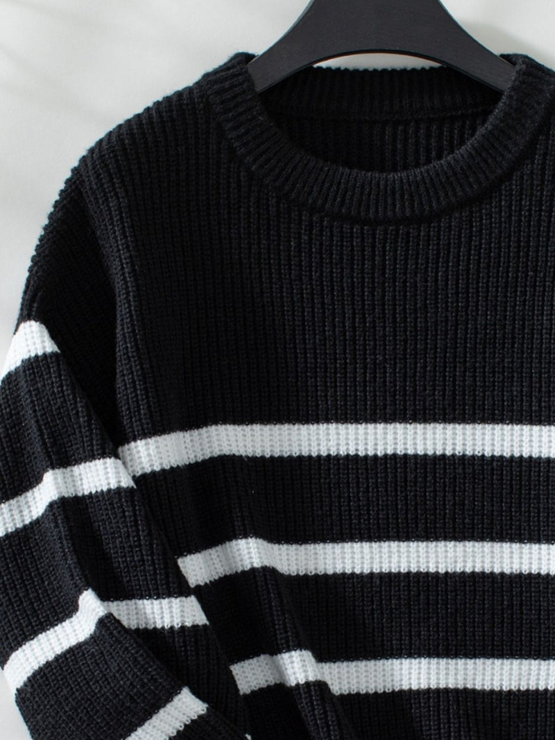 Hazel Blues® |  Striped Round Neck Dropped Shoulder Sweater