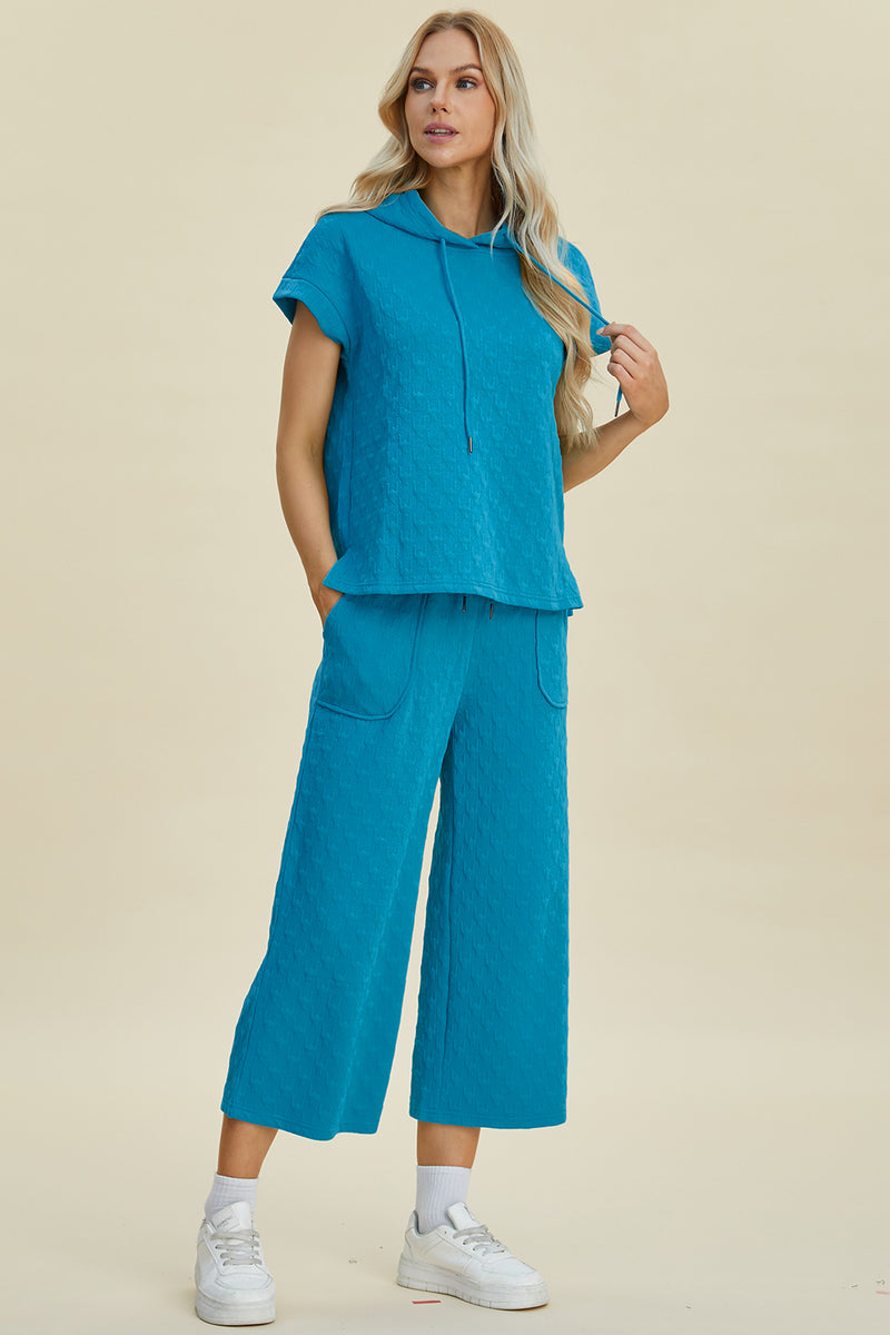 Hazel Blues® |  Double Take Texture Drawstring Short Sleeve Hoodie and Pocketed Pants Set