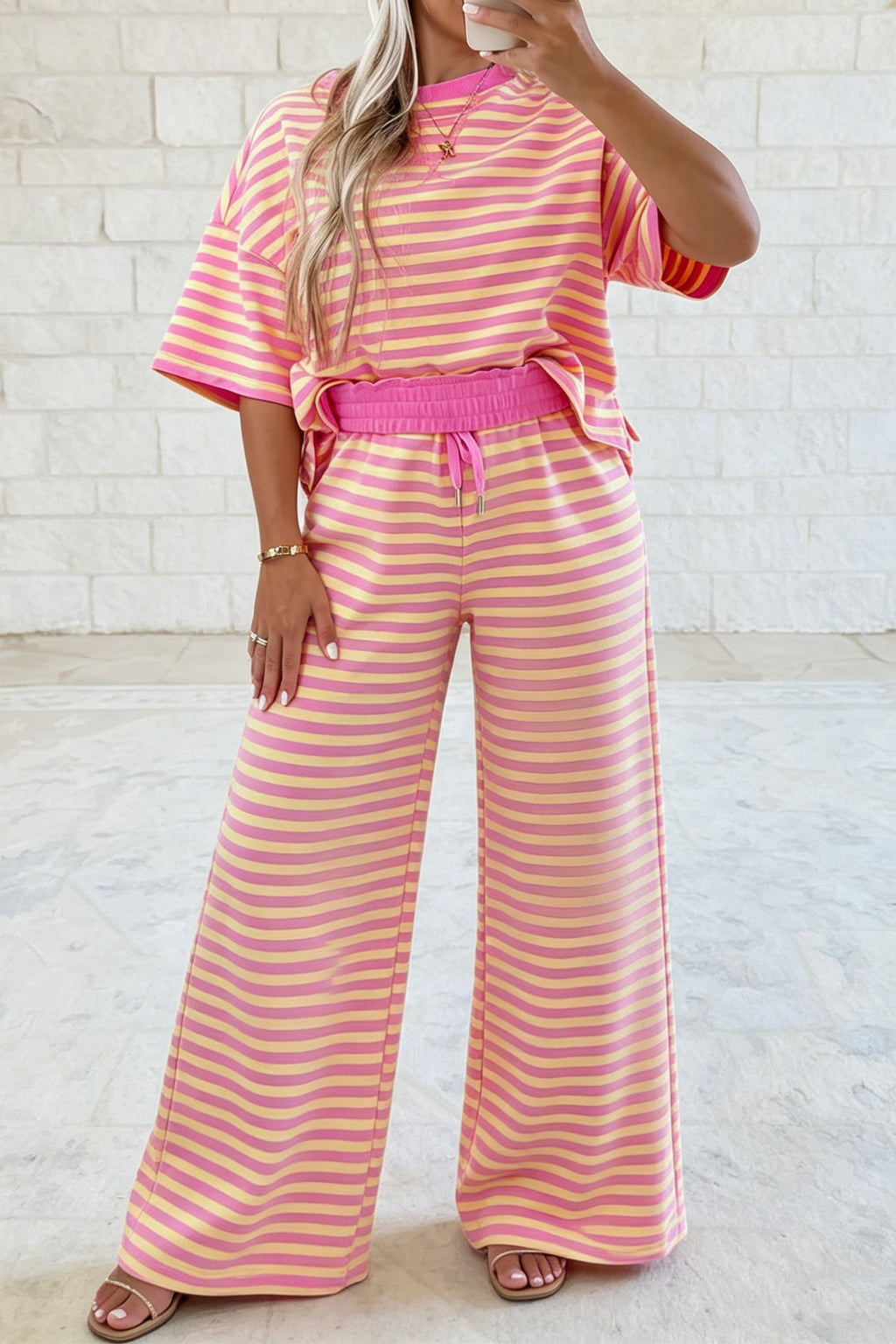 Colorblock Trim Crew Neck Loose Tee Drawstring Elastic Waist 2pcs Pant Set