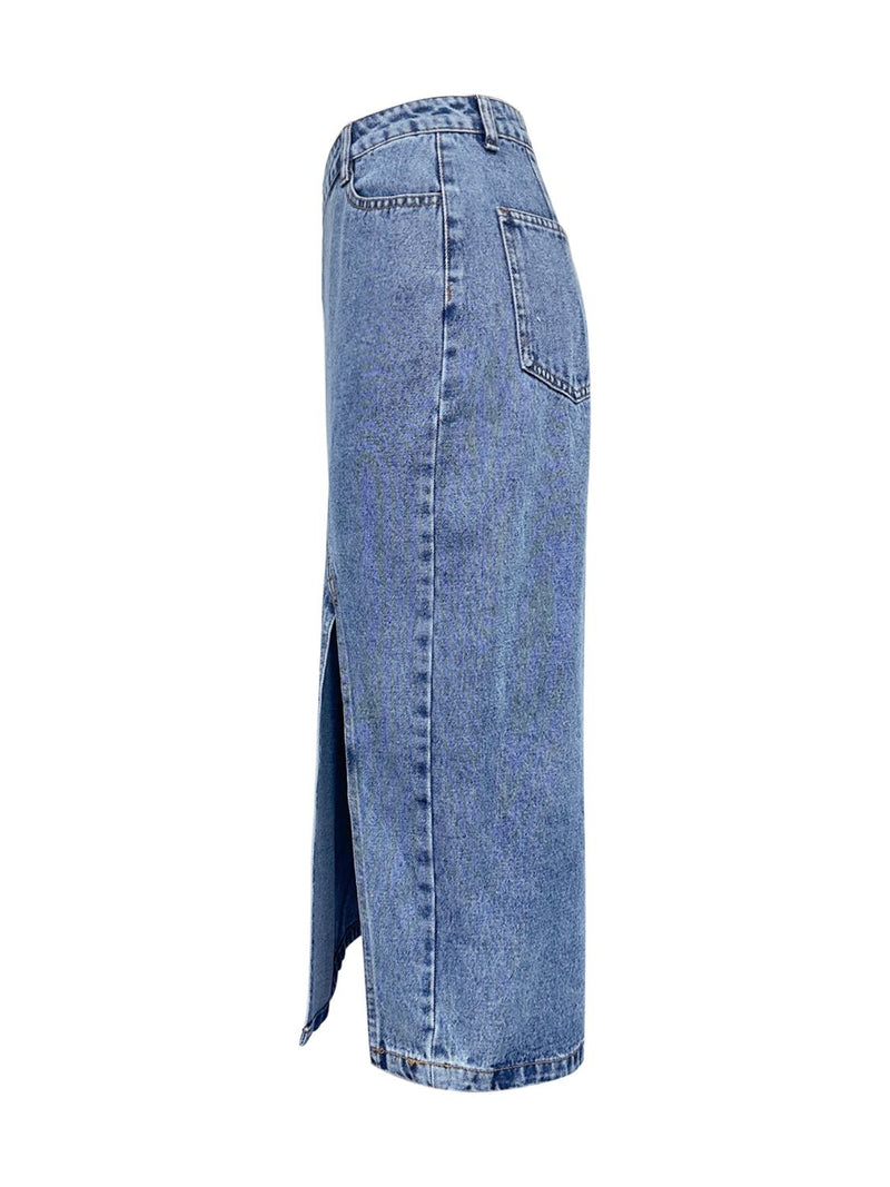 Hazel Blues® |  Slit Asymmetrical Waistband Midi Denim Skirt