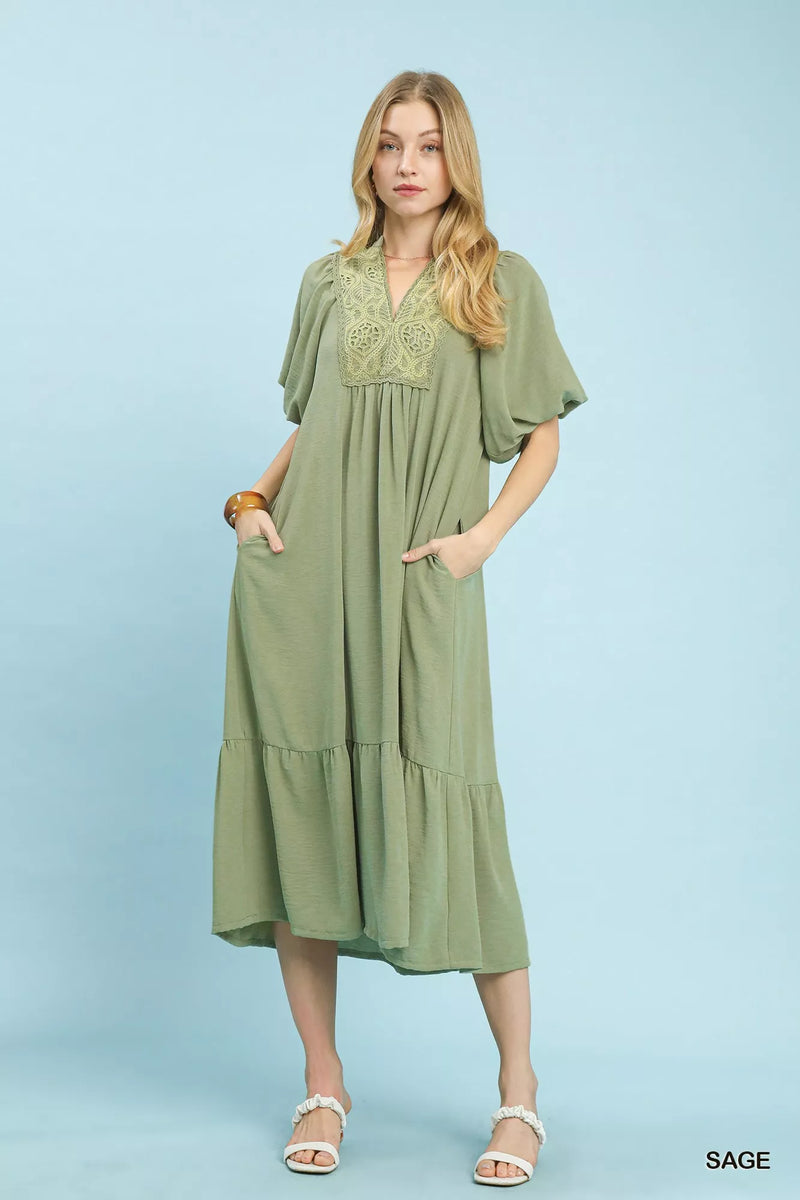 Hazel Blues | Umgee Puff Sleeve Midi Dress with Lace Detail Hazel Blues | Umgee Puff Sleeve Midi Dress with Lace Detail