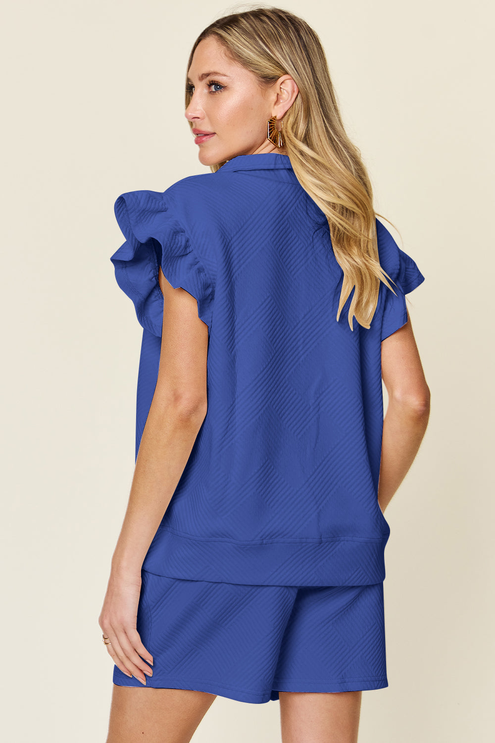 Hazel Blues® |  Double Take Texture Flounce Sleeve Top and Drawstring Shorts Set