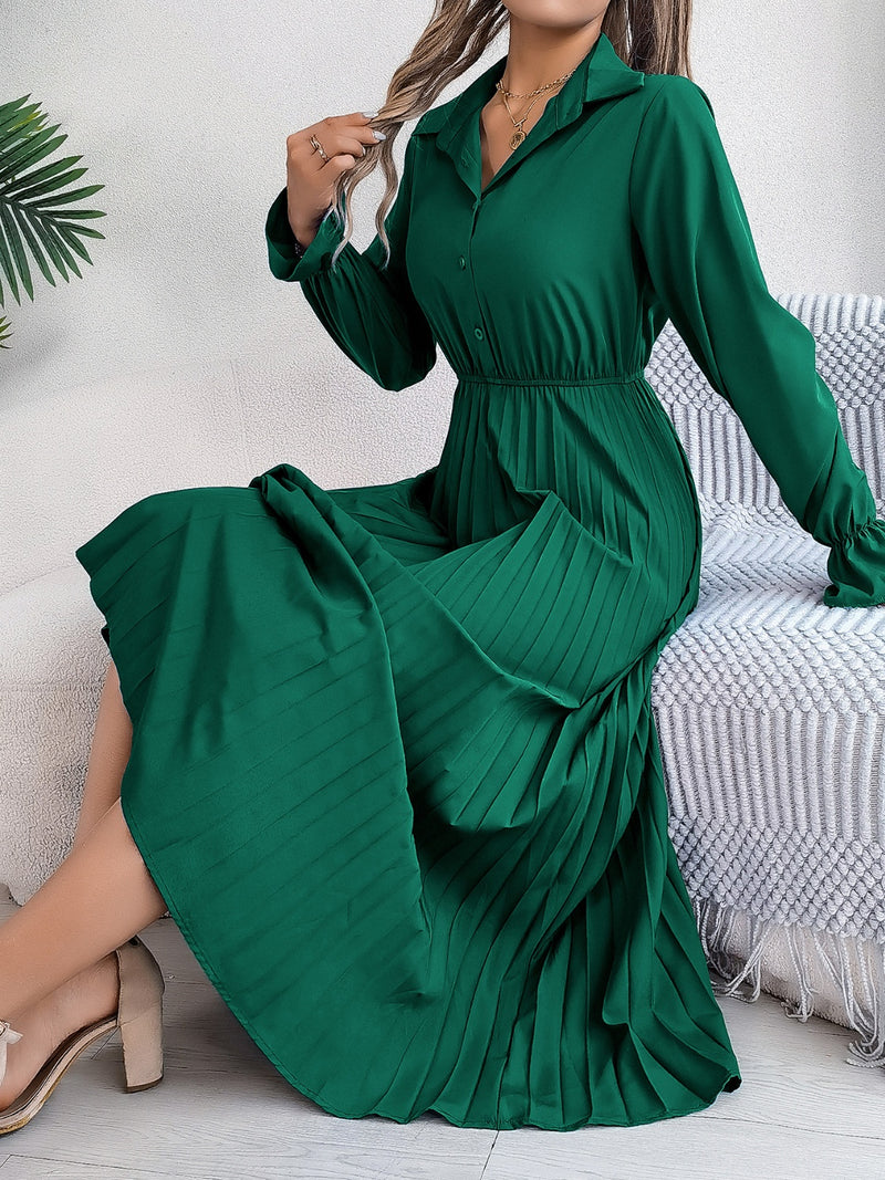 Hazel Blues | Pleated Half Button Long Sleeve Midi Dress Hazel Blues | Pleated Half Button Long Sleeve Midi Dress