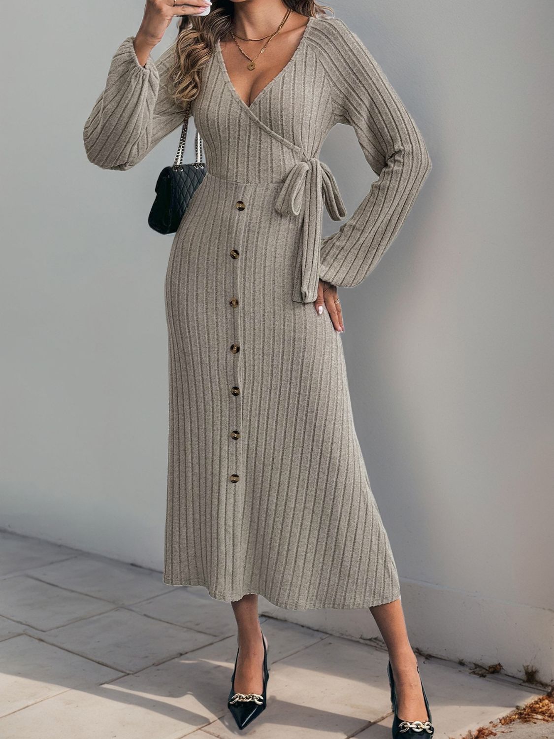 Hazel Blues® |  Perfee Ribbed Tied Surplice Long Sleeve Dress